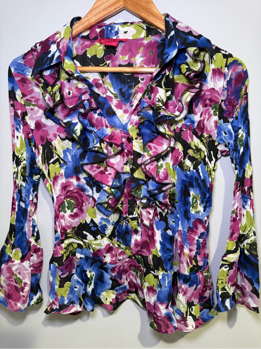 Floral Watercolor Peplum Ruffle Blouse Pink Blue Sheer Button Up Bell Sleeve Top